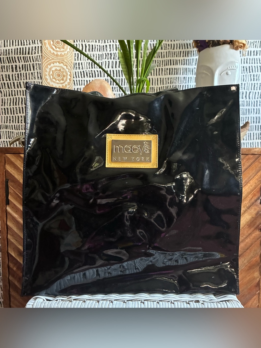 Macy's New York Large Black Patent Tote Bag, excellent condition